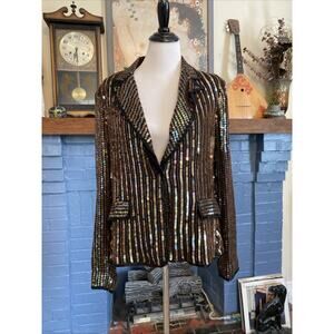 Vtg Diva By Embex Gold Black Bling Sequined XL Jacket Blazer 2 Button 100% SILK